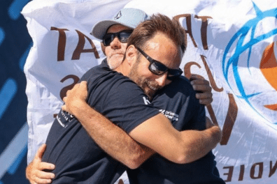 Achille Nebout et Gildas Mahé lors de leur 2ème place à la Transat Jacques Vabre 2023